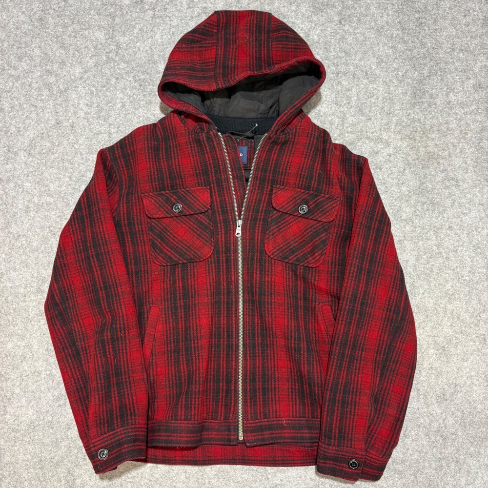 Gap Mens Red Black Plaid Wool Blend Hooded Full Zip Jacket XL Workwear Outdoor